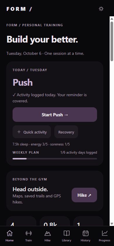 FORM app: weekly plan, push workout and outdoor activities